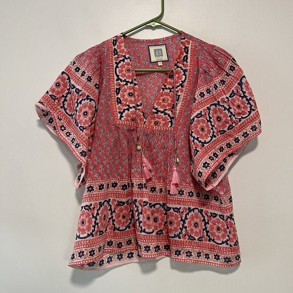 Bell by Alicia Bell Tuckernuck Pink Navy Printed Angel Flutter Sleeve Top Small - Picture 4 of 11